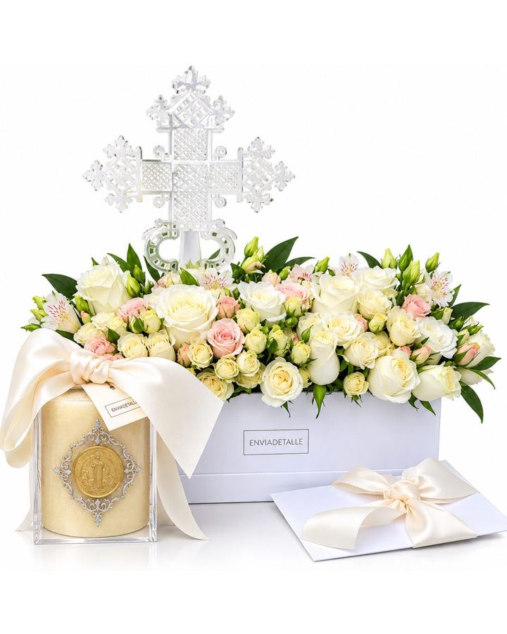 Caja con flor, cruz, cirio y misa