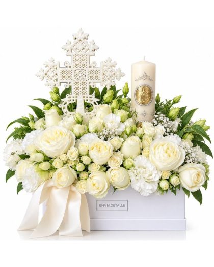 Caja con flor, cruz y cirio