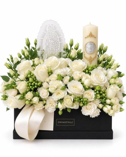 Caja flor con Virgen y cirio San Benito